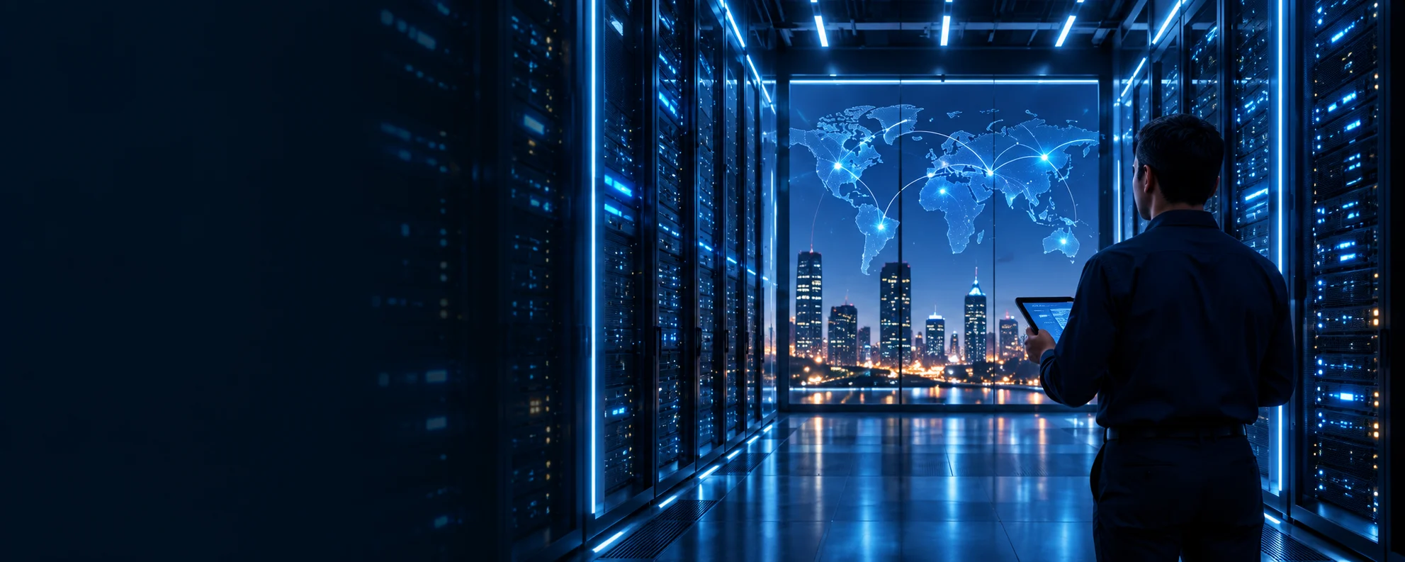 Illustrazione concettuale di un esperto in un data center con illuminazione blu.