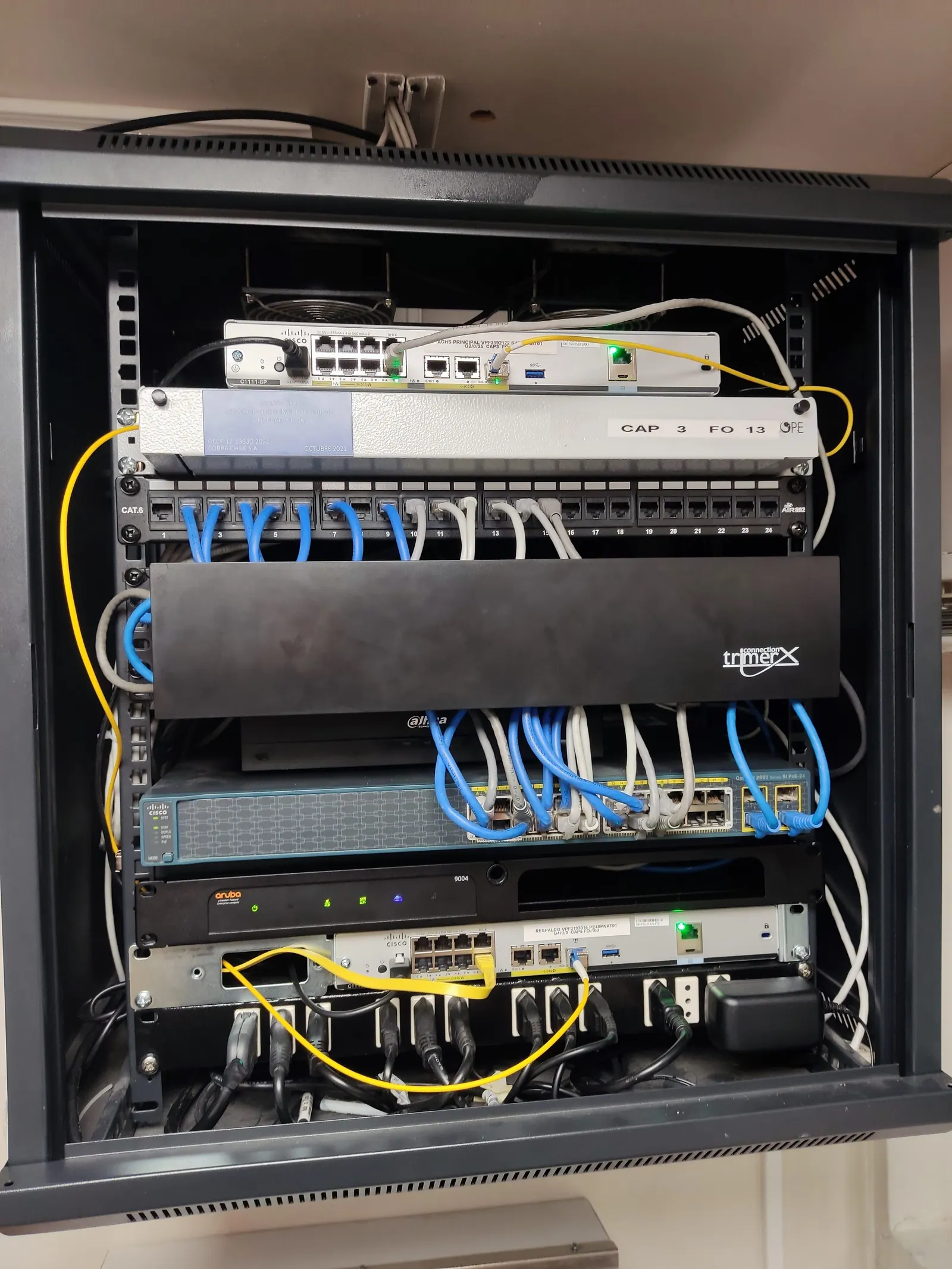 Network rack with Cisco and Aruba switches, installed by the team.